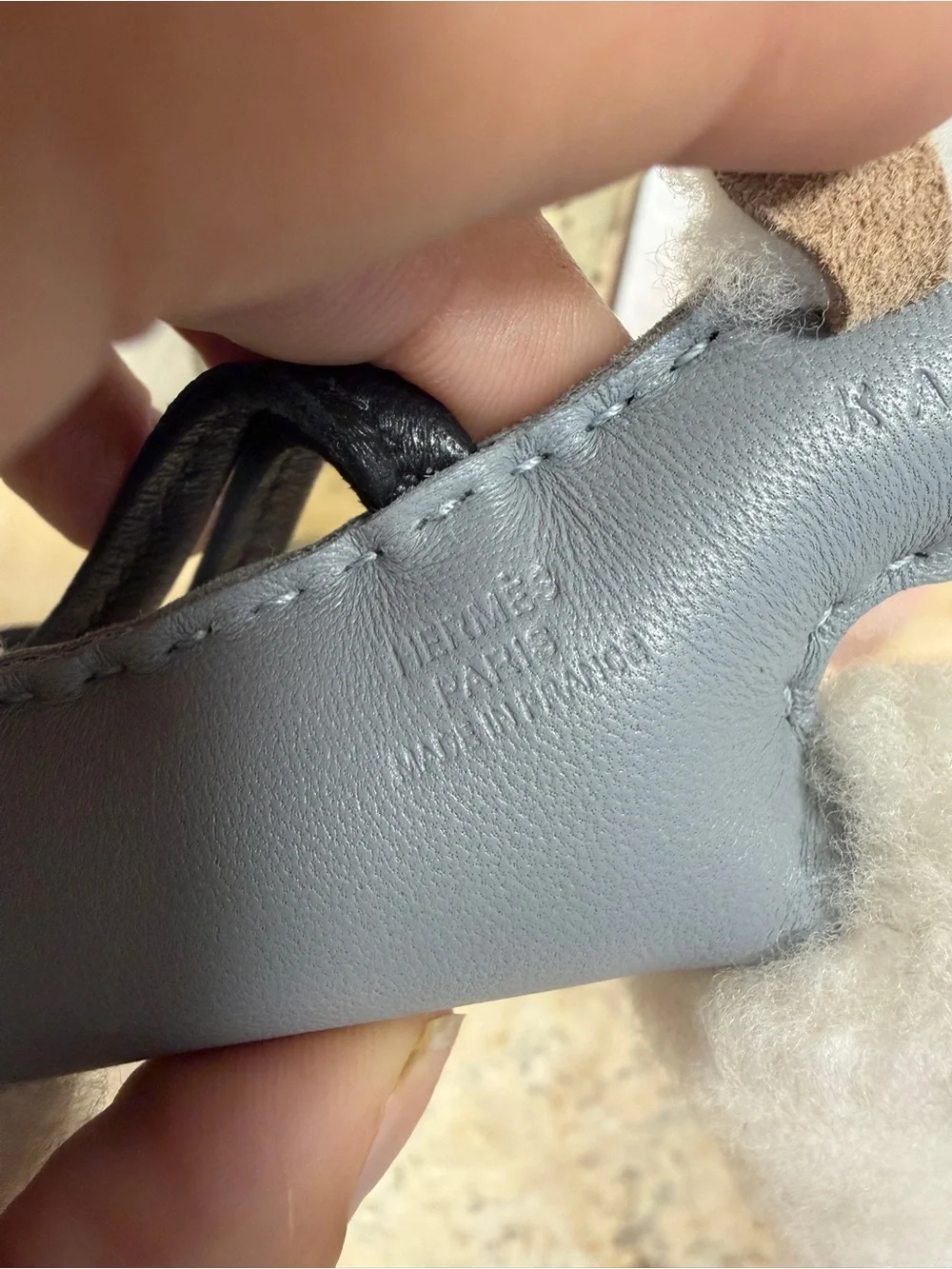 Hermes Budy Shearling and Gray Leather Bag Charm with Black Strap